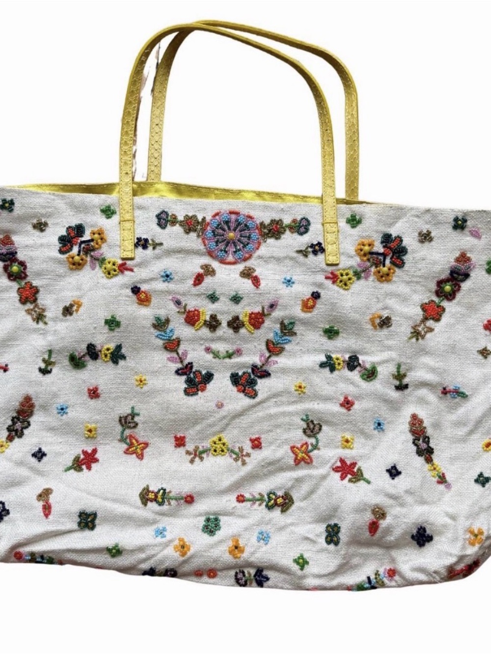 💫Vintage FENDI Beaded Floral Canvas Tote Bag Rare Yellow Python 💫